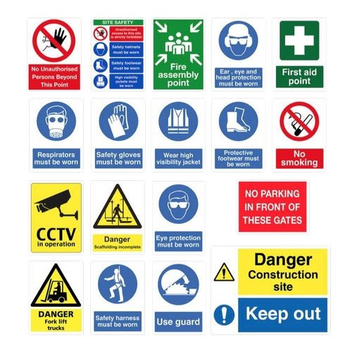 Industrial safety signboard with warning symbols used at construction or factory sites in the UAE